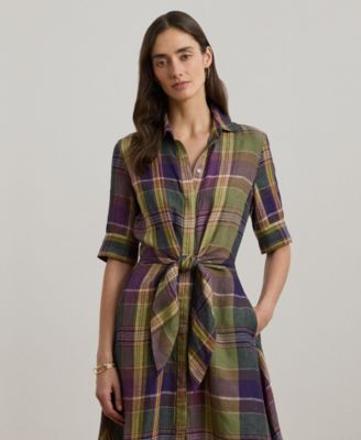Lauren Ralph Lauren Women's Plaid Tie-Front Linen Shirtdress