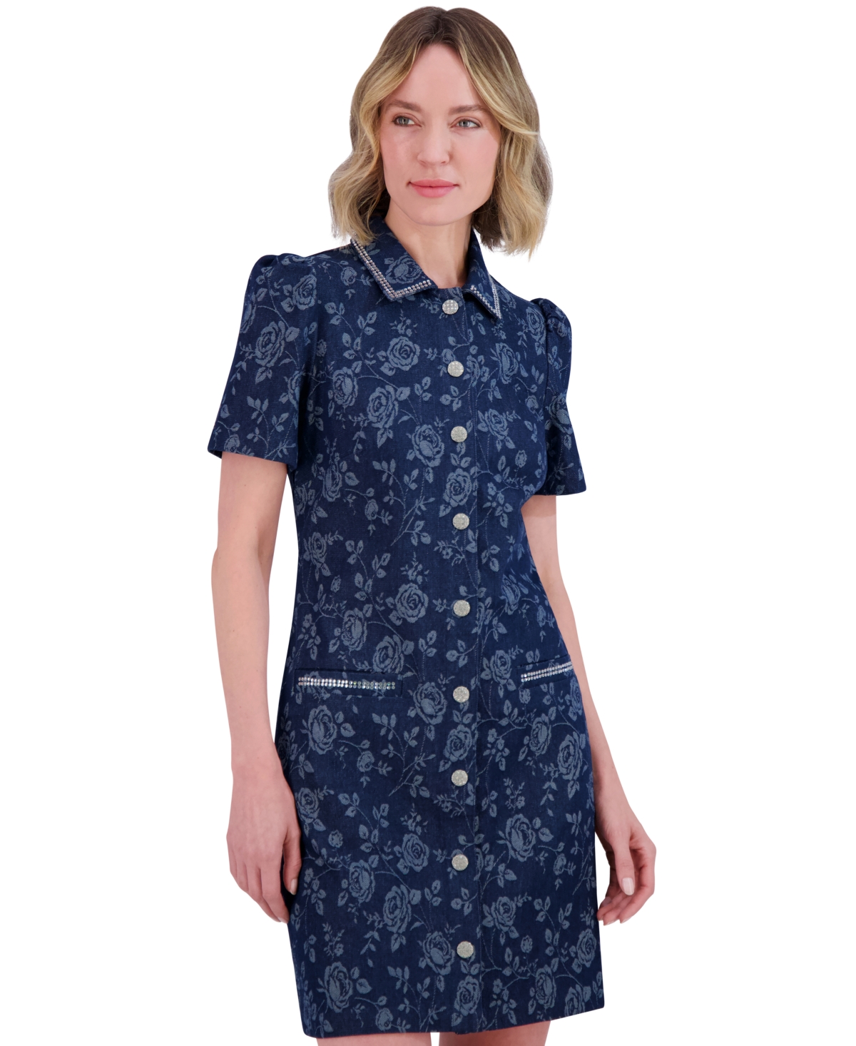 ELIZA J WOMEN'S FLORAL RHINESTONE-TRIM COLLARED DENIM SHIRTDRESS 