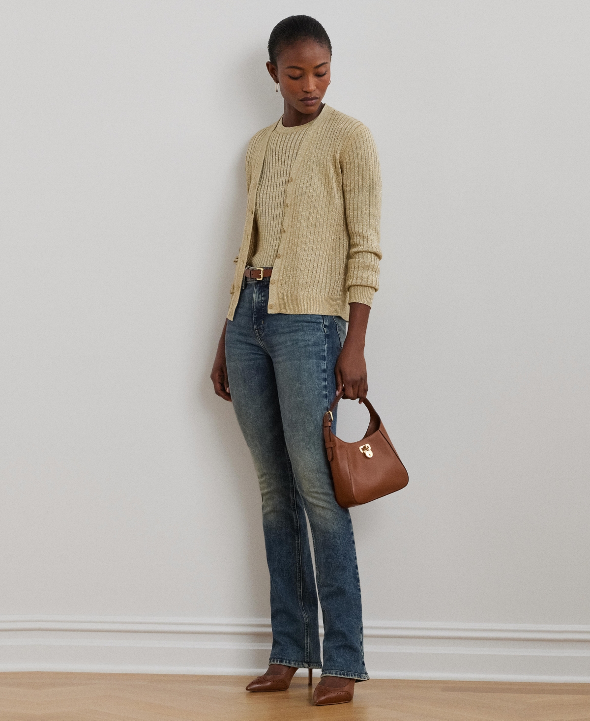 Ralph Lauren Metallic Linen-blend Rib-knit Cardigan In Mineral Gold