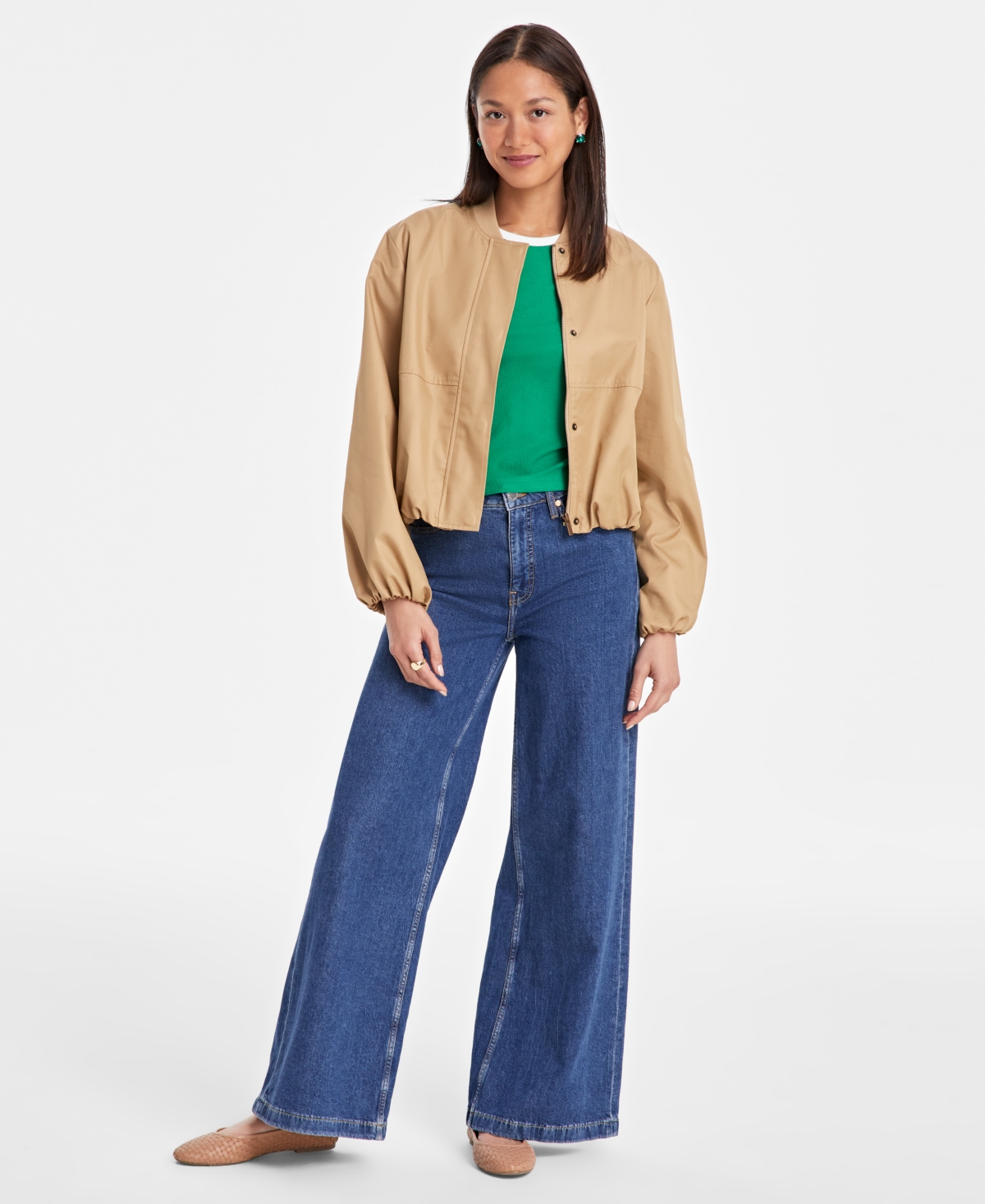 ON 34TH WOMEN'S TWILL BUBBLE-HEM BOMBER JACKET, EXCLUSIVELY AT MACY'S 