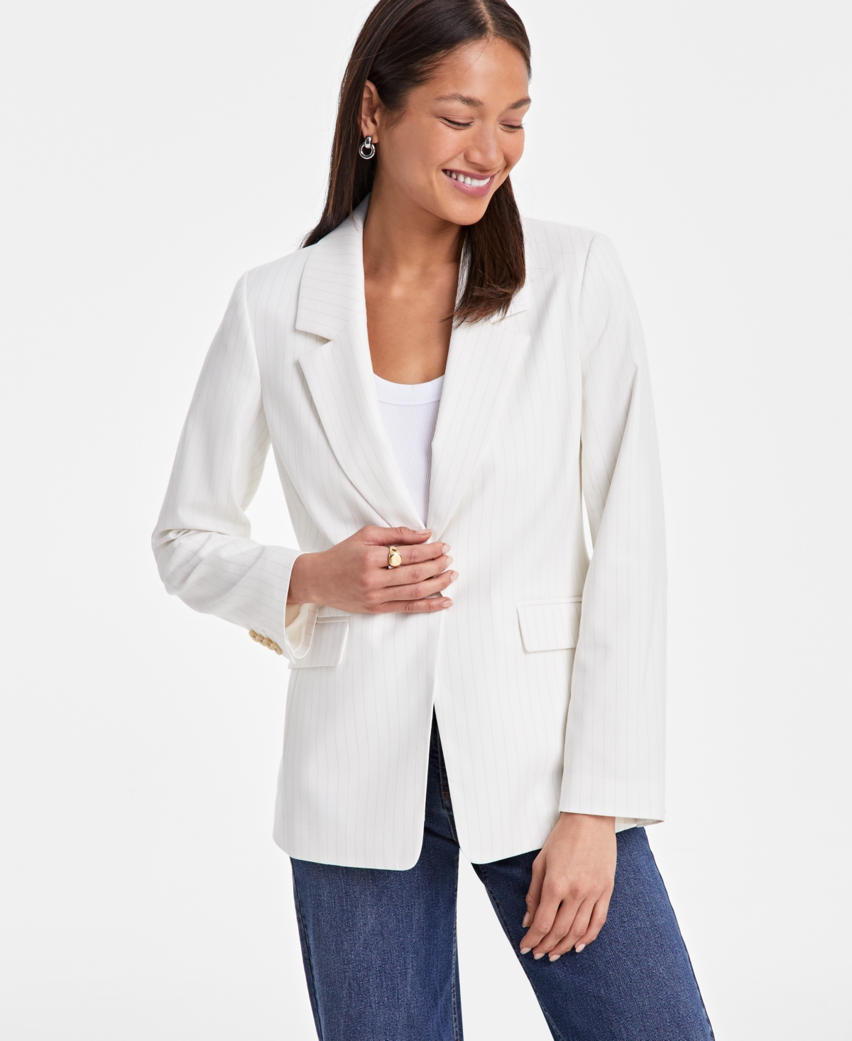 Shop On 34th Women's Pinstripe Boyfriend Blazer, Exclusively At Macy's In Neutral Pinstripe