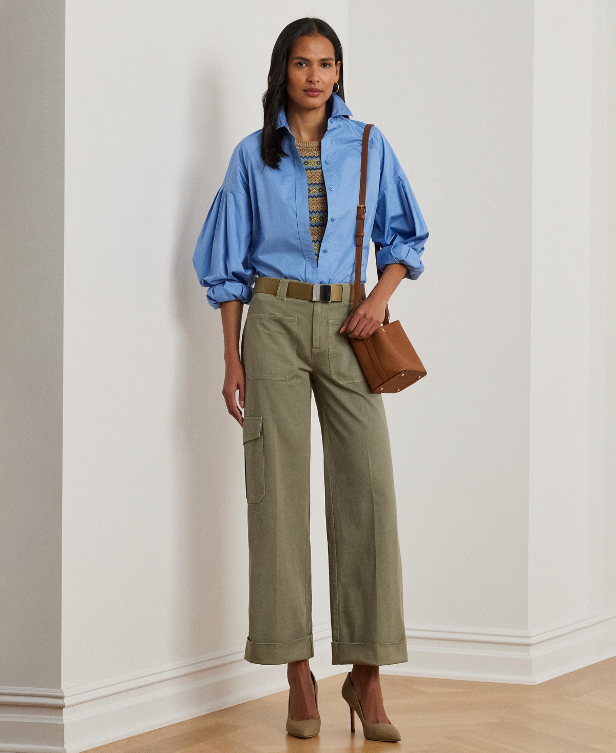 RALPH LAUREN WOMEN'S PLEATED COTTON TWILL WIDE-LEG CARGO PANTS, REGULAR & PETITE 