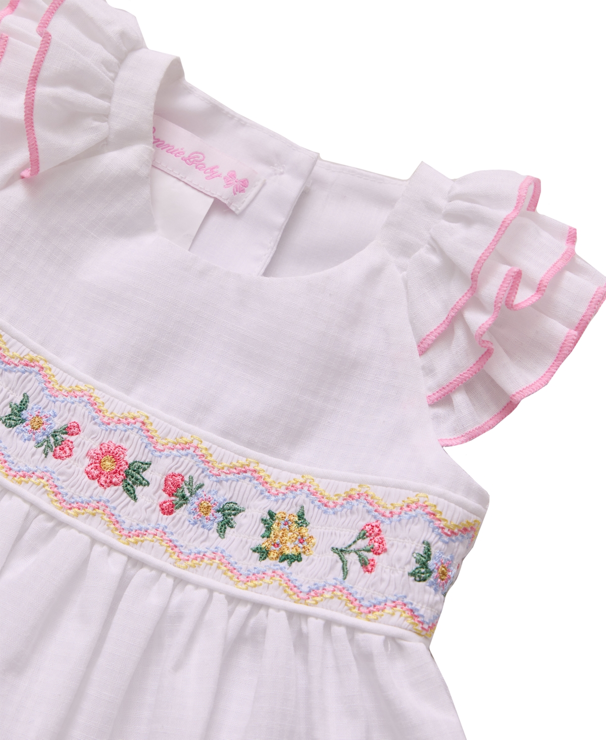 Bonnie Baby Baby Girls Smocked Flutter Sleeved Woven Check Dress In White
