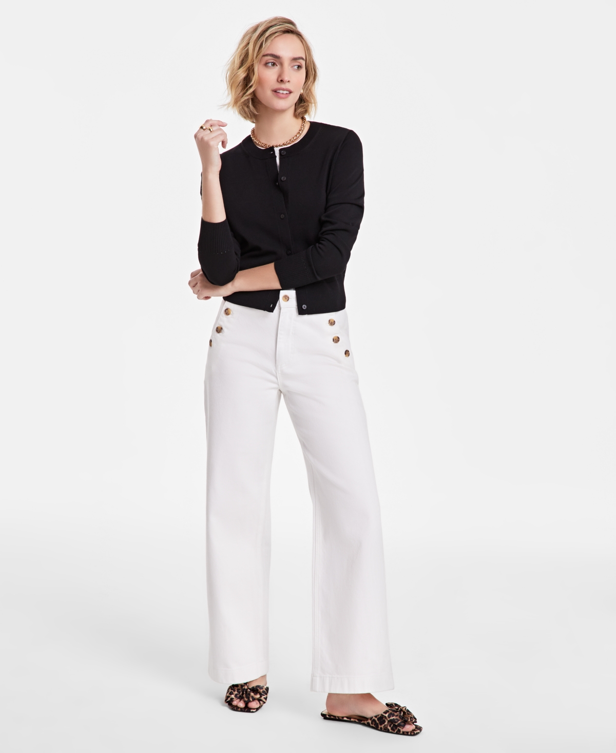 On 34th Women's Crewneck Long-Sleeve Cardigan, Exclusively at Macy's - Deep Black