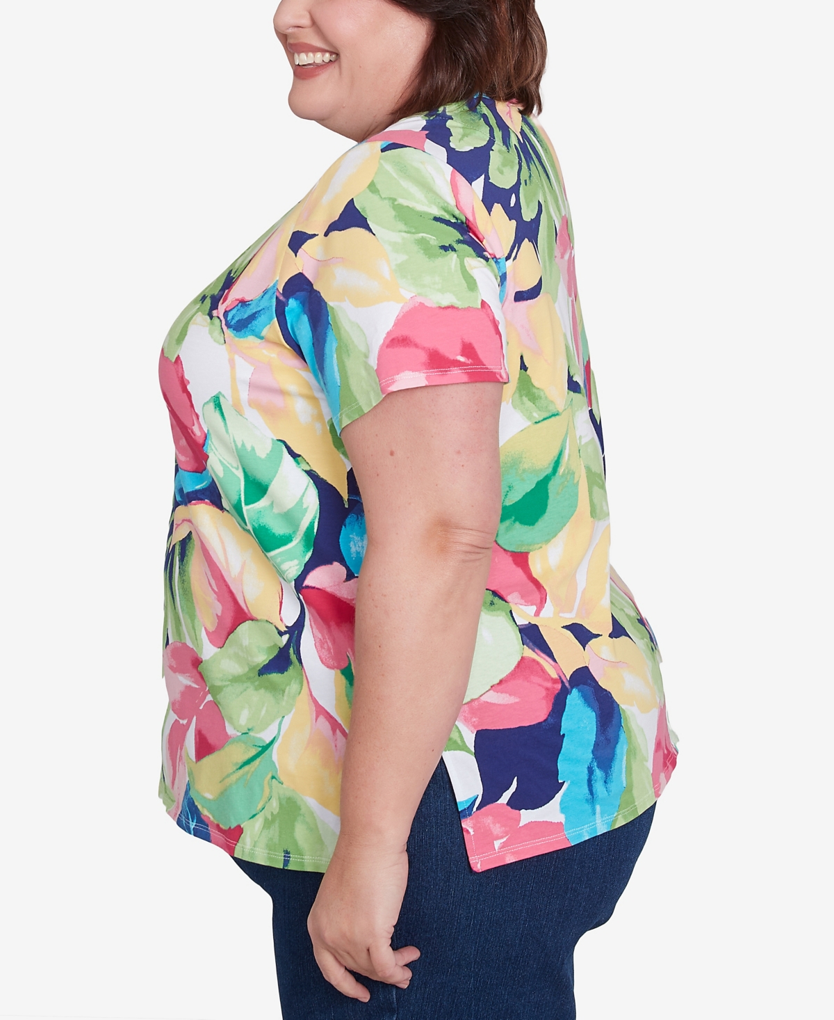 Alfred Dunner Plus Size Tropical Leaf Split Beaded Neck Top In Bright