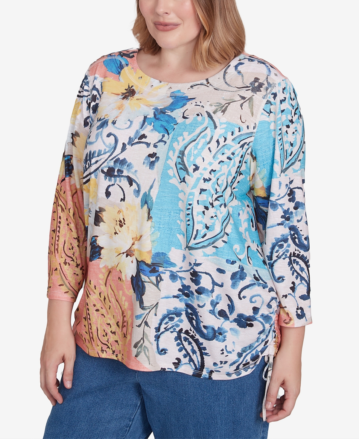 Alfred Dunner Plus Size Classic Floral Patch Drawstring Top In Navy Multi
