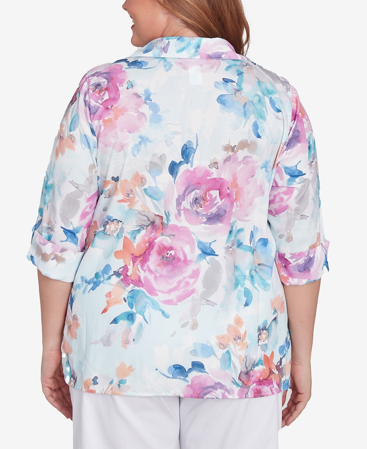 Alfred Dunner Plus Size Classic Floral Watercolor Button Down Top In Iris