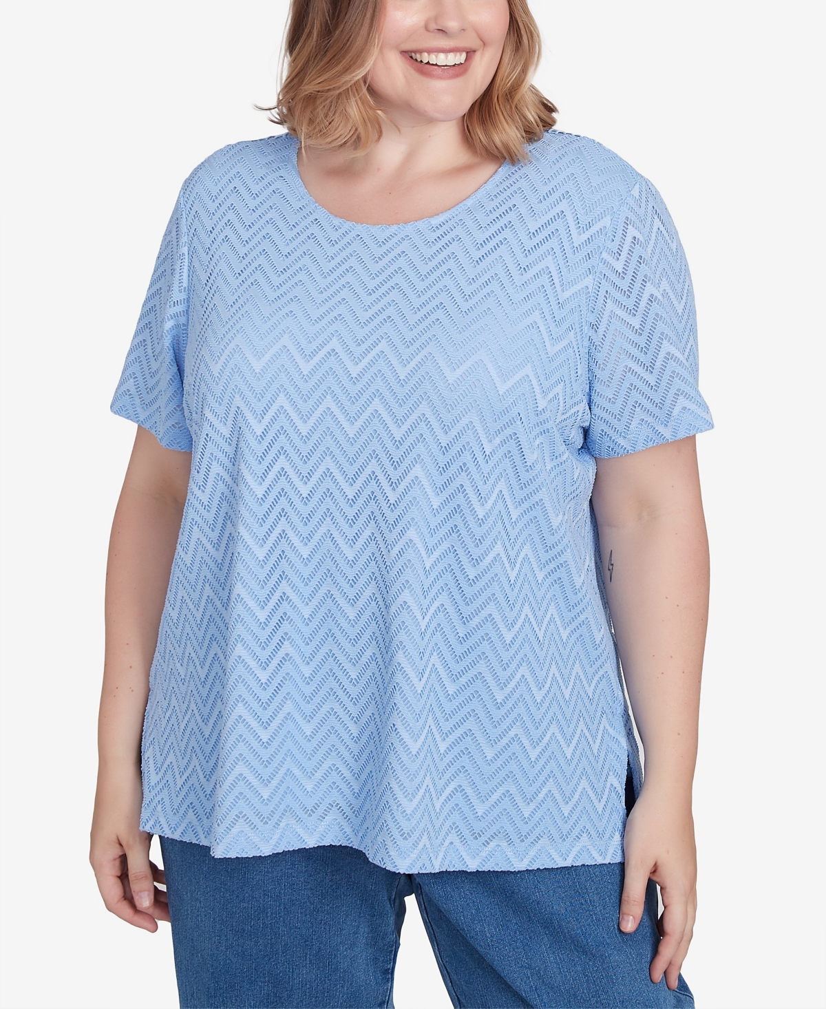 Alfred Dunner Plus Size Classic Textured Chevron Lace Back Tee In Iris