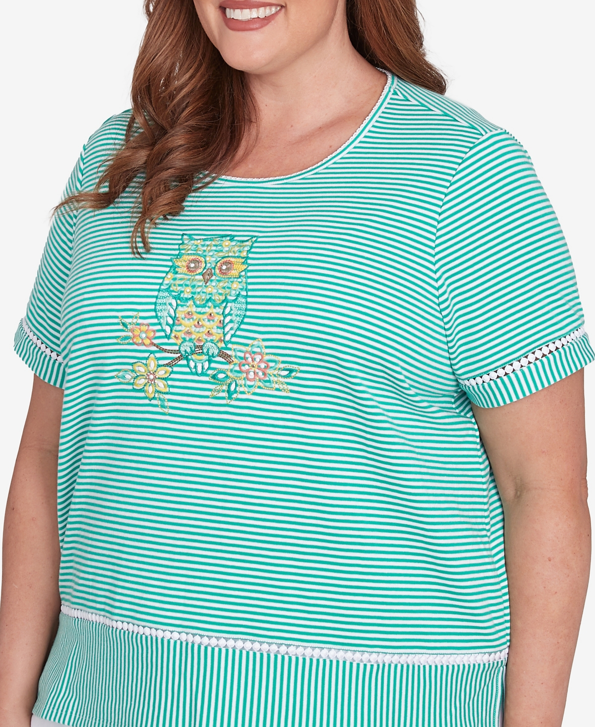Alfred Dunner Plus Size Classic Owl Knit Striped Tee In Jade