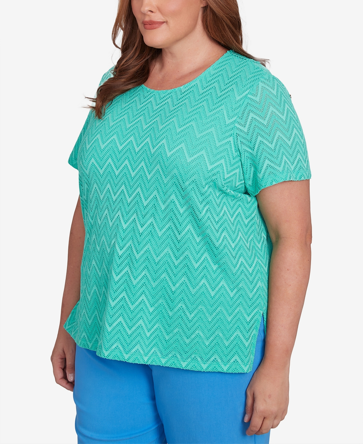 Alfred Dunner Plus Size Classic Textured Chevron Lace Back Tee In Jade