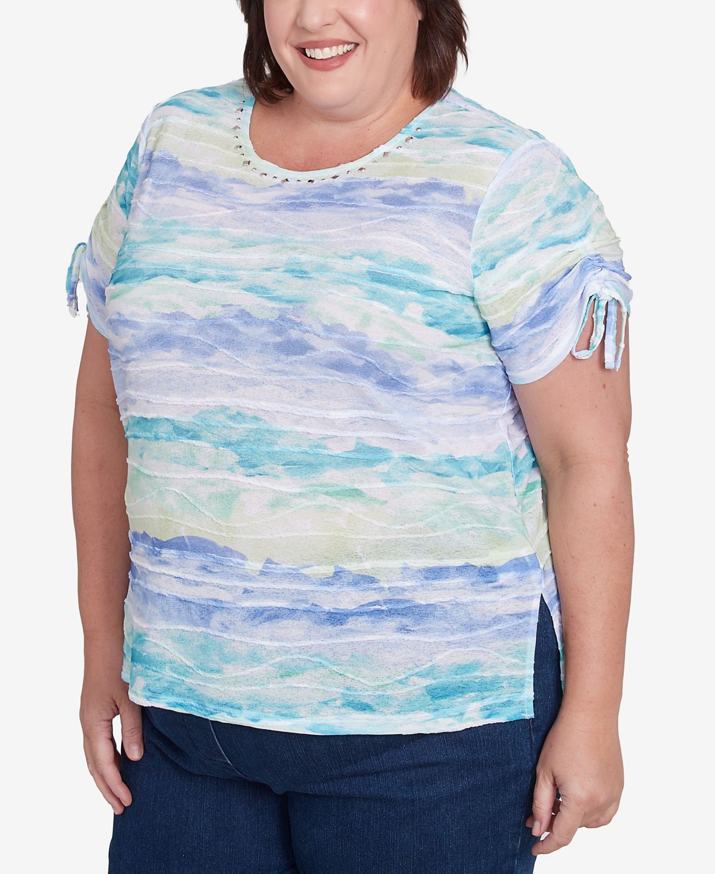 Женский топ Alfred Dunner Plus Size Tied Short Sleeves Watercolor, цвет: Синий — фото 4