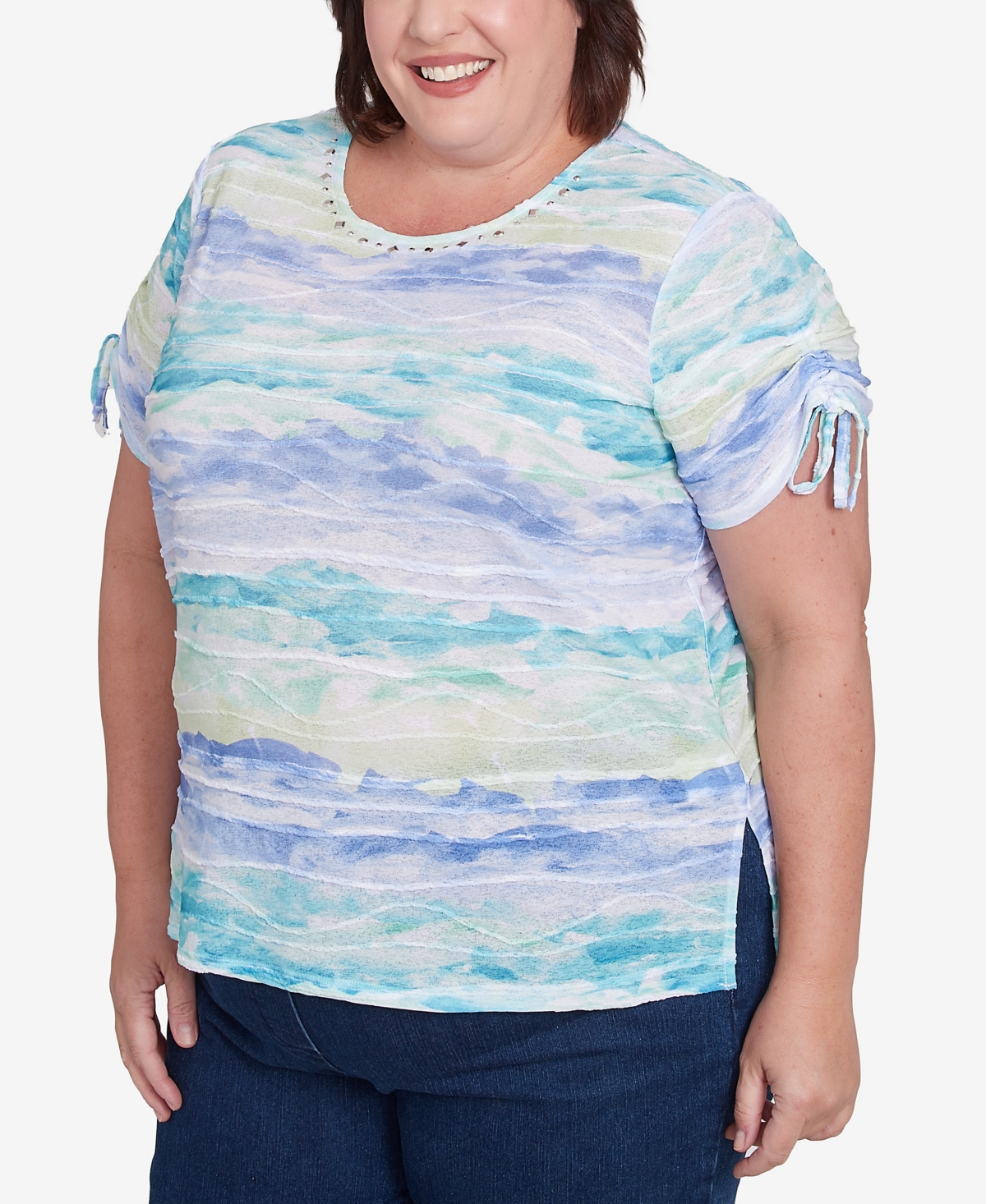 Alfred Dunner Plus Size Tied Short Sleeves Watercolor Top In Blue