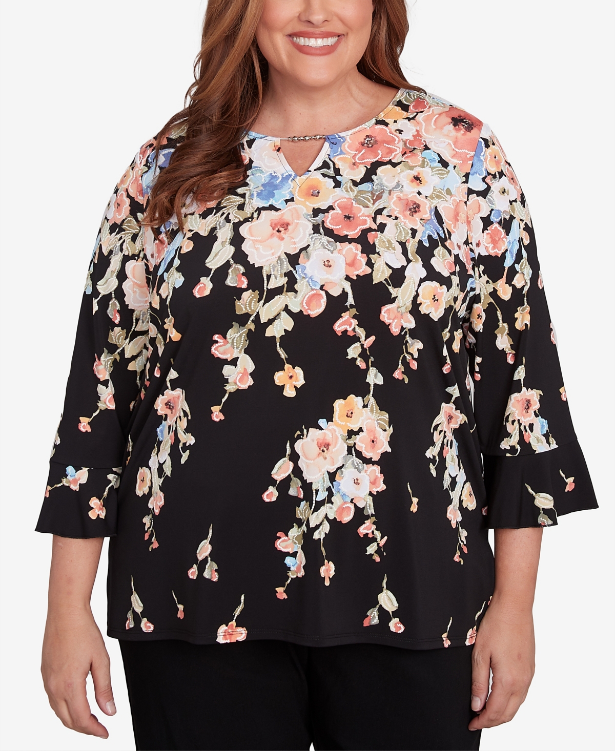 Alfred Dunner Plus Size Classic Falling Flower Beaded Split Neck Top In Black