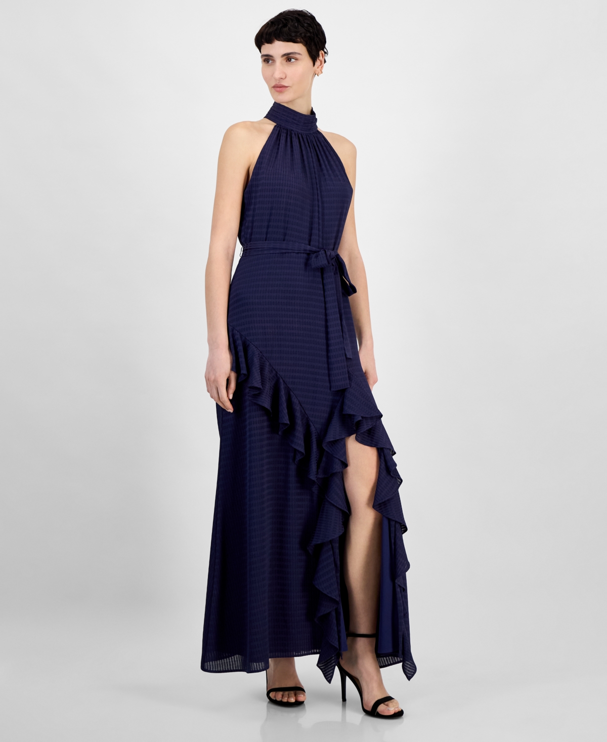Anne Klein Sleeveless Tie Waist Asymmetric Ruffle Maxi Dress In Distant Mountain