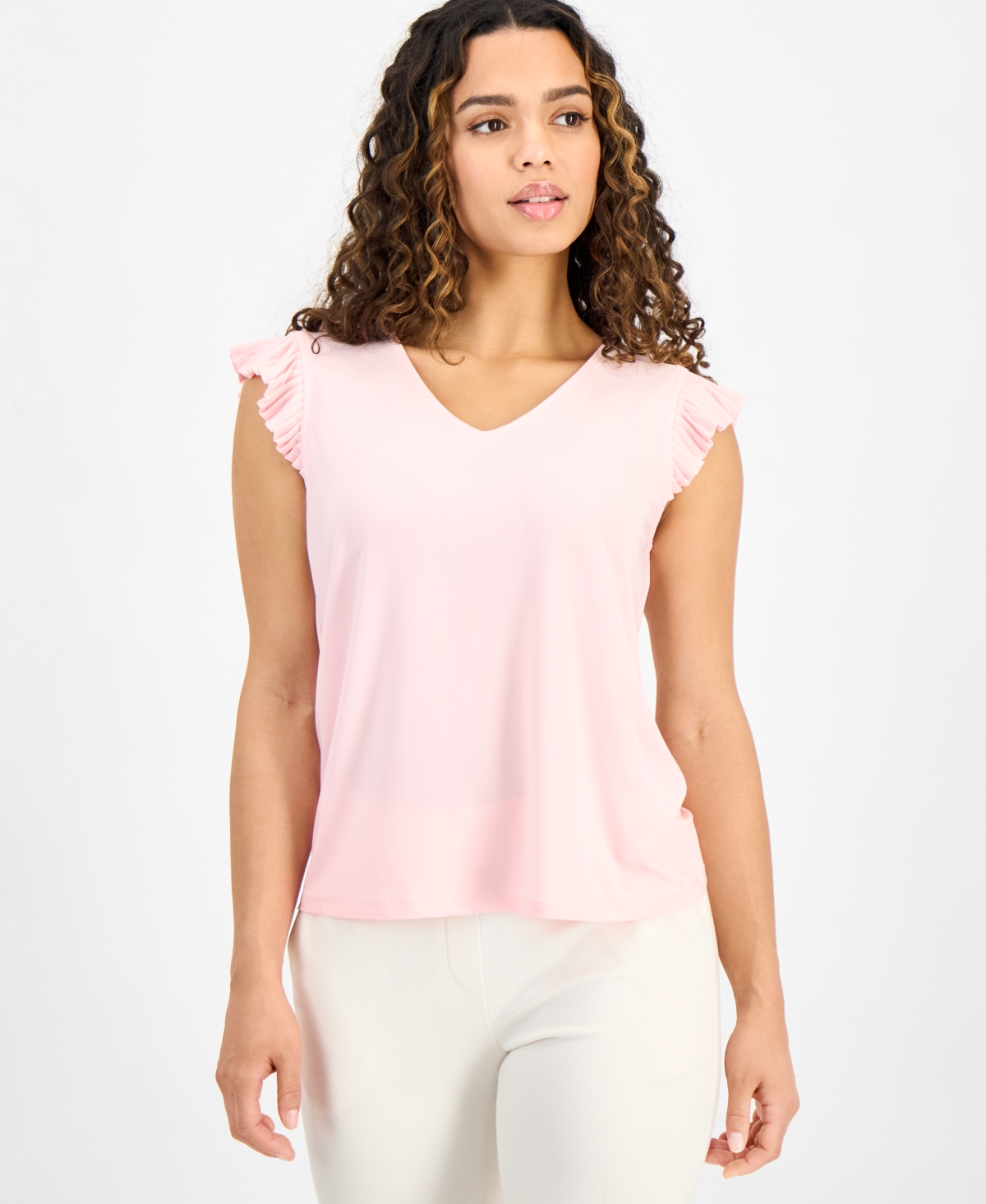 Petite Pleated Flutter-Sleeve V-Neck Top - Peony Pink