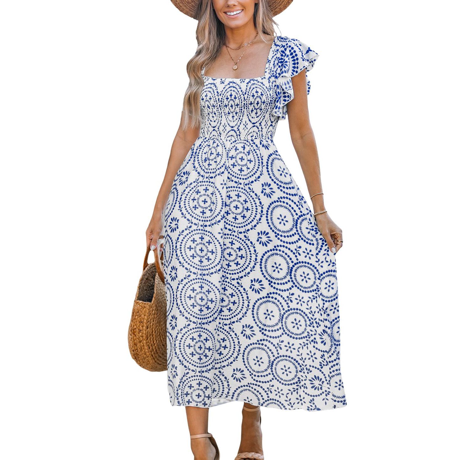 Women's Blue Ornate Square Neck Midi Beach Dress