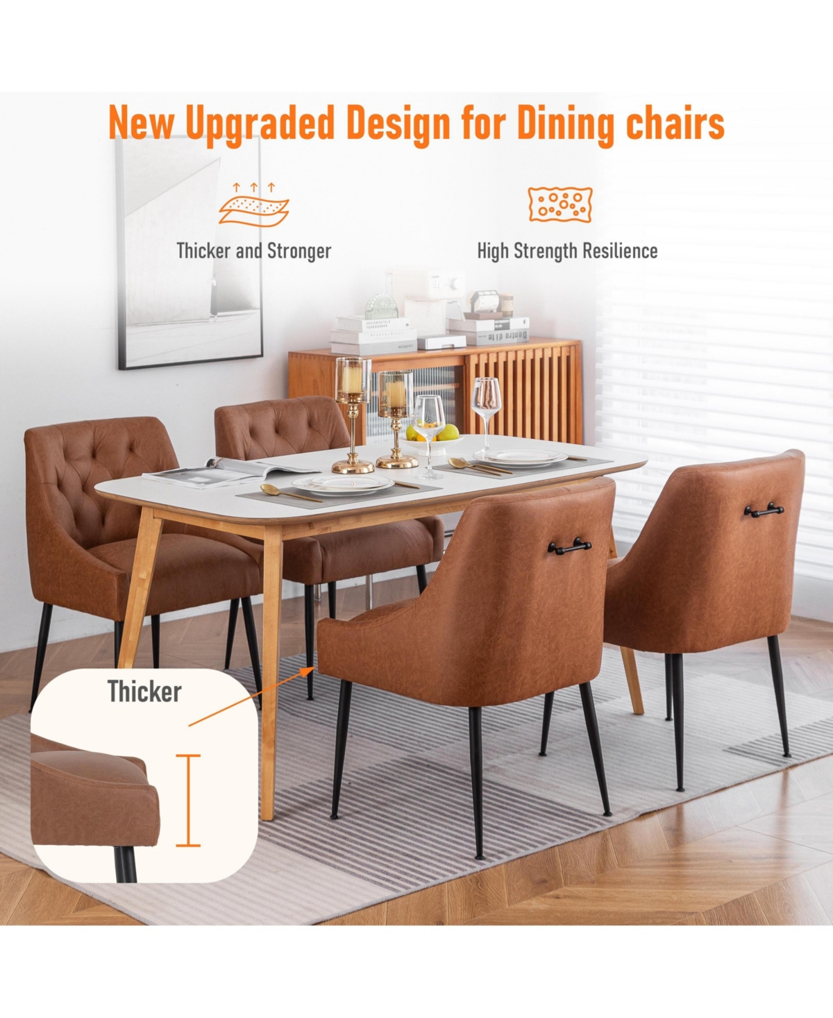 Dyhome Modern Upholstered Dining Chairs Set of 6, Mid Century Kitchen Side with 5.12” Cushions and Back Pull Rod for Kitchen, Living Roo