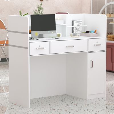 Computer Desk with Drawers, White Office Desk with Storage Cabinet, Study Writing Table for Home Office, Bedroom