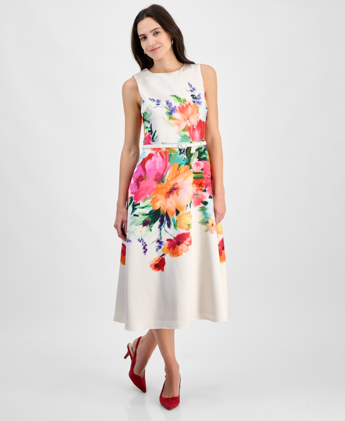 Women's Floral-Print Belted Sleeveless Midi Dress - Ivory/mult