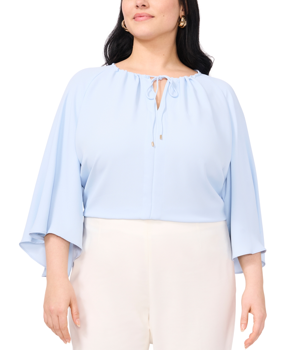 Shop Vince Camuto Plus Size Split-neck 3/4-angel-sleeve Blouse In Black