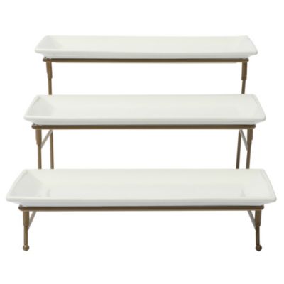 Gracious Dining Dinnerware, 3-Tier Rectangle Plate Serving Set with Gold Metal Stand, White
