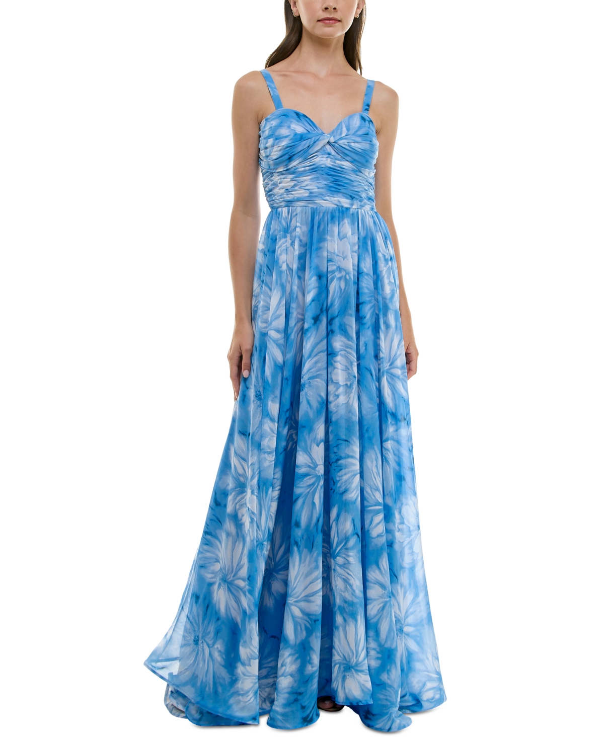 Women's Printed Ruched Sleeveless Gown - Ivory Ocean Blue