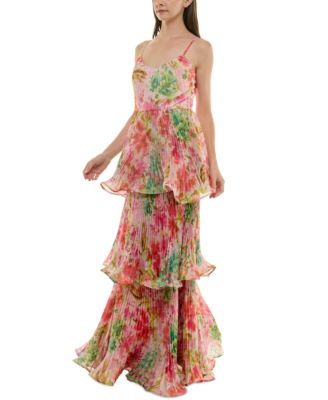 Women's Printed Pleated Tiered Sleeveless Gown