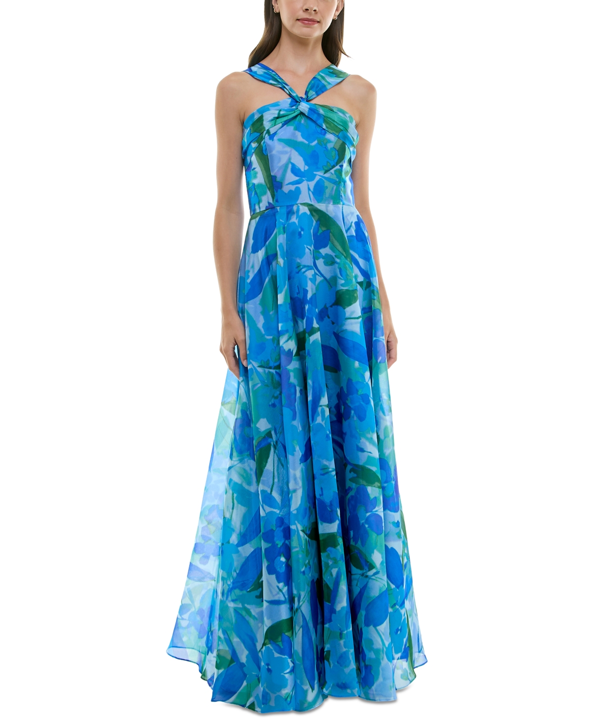 Women's Twisted Halter Printed Sleeveless Gown - Sapphire Blue