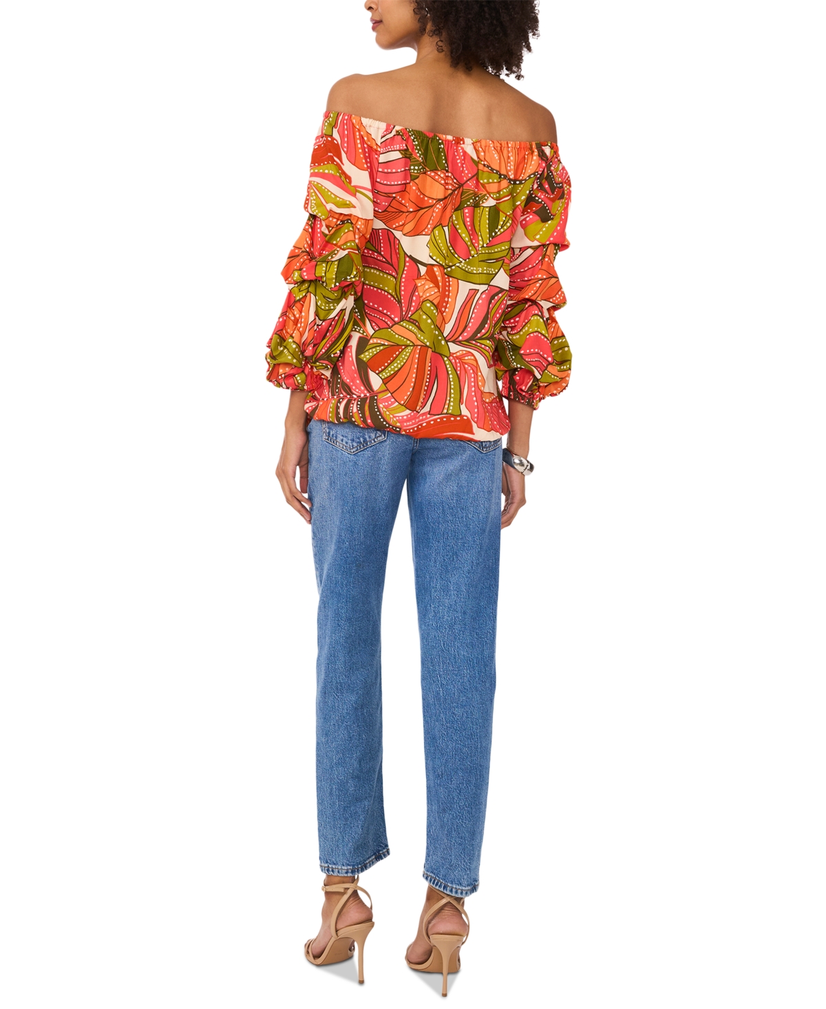 VINCE CAMUTO WOMEN'S TROPICAL-PRINT OFF-THE-SHOULDER BUBBLE 3/4-SLEEVE TIE-FRONT BLOUSE 
