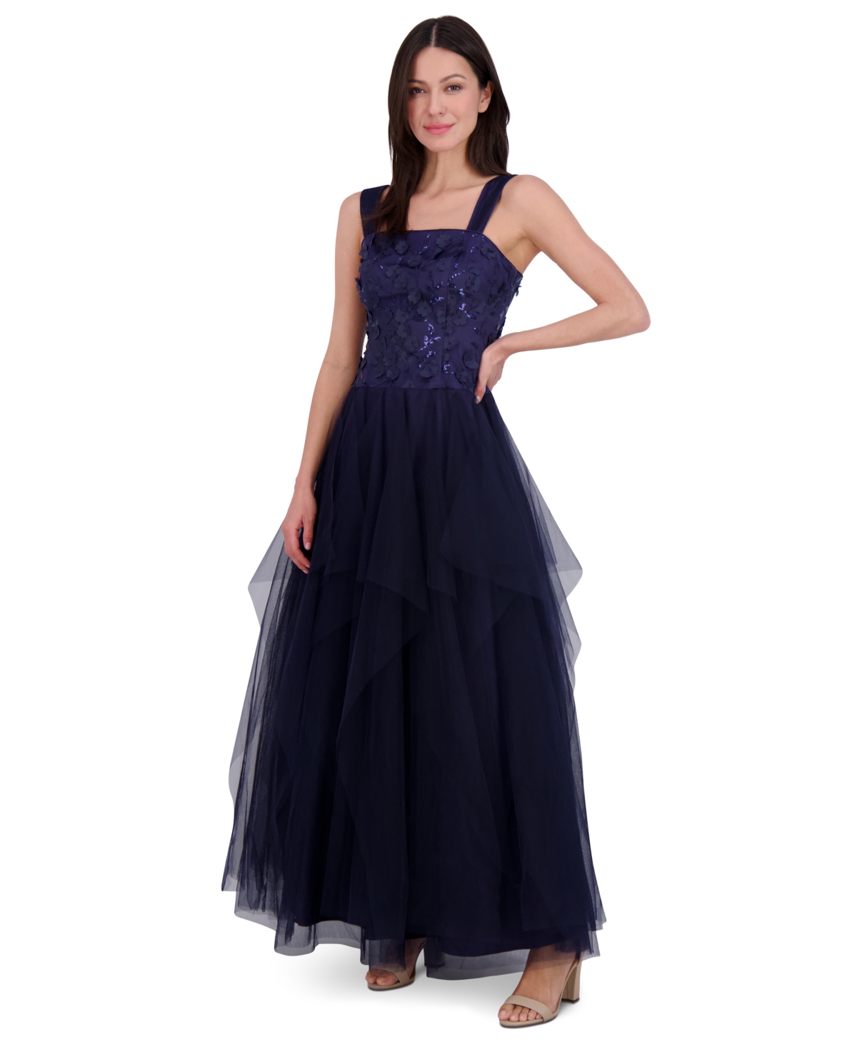 Shop Eliza J Women's Embellished Flower Sleeveless Tulle Gown In Navy