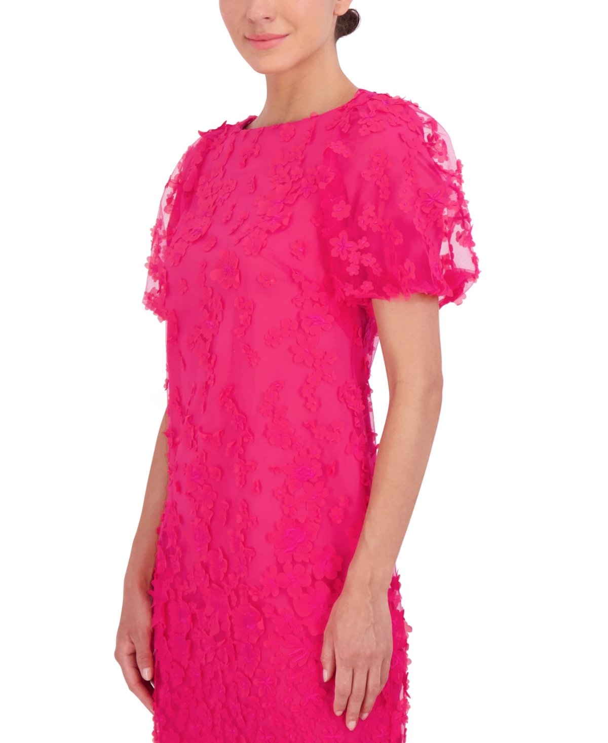 Shop Eliza J Petite Puffed-sleeve 3d-floral Shift Dress In Hot Pink