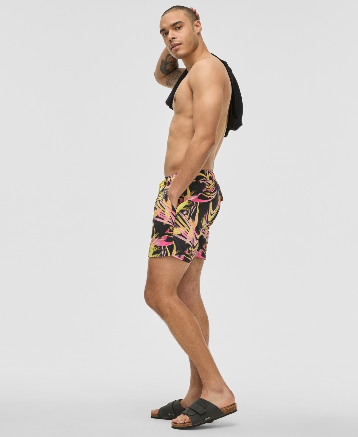 Mode Of One Men's Nostalgic Movement Swim Trunks With Boxer Brief Liner, Exclusively At Macy's In Deep Black