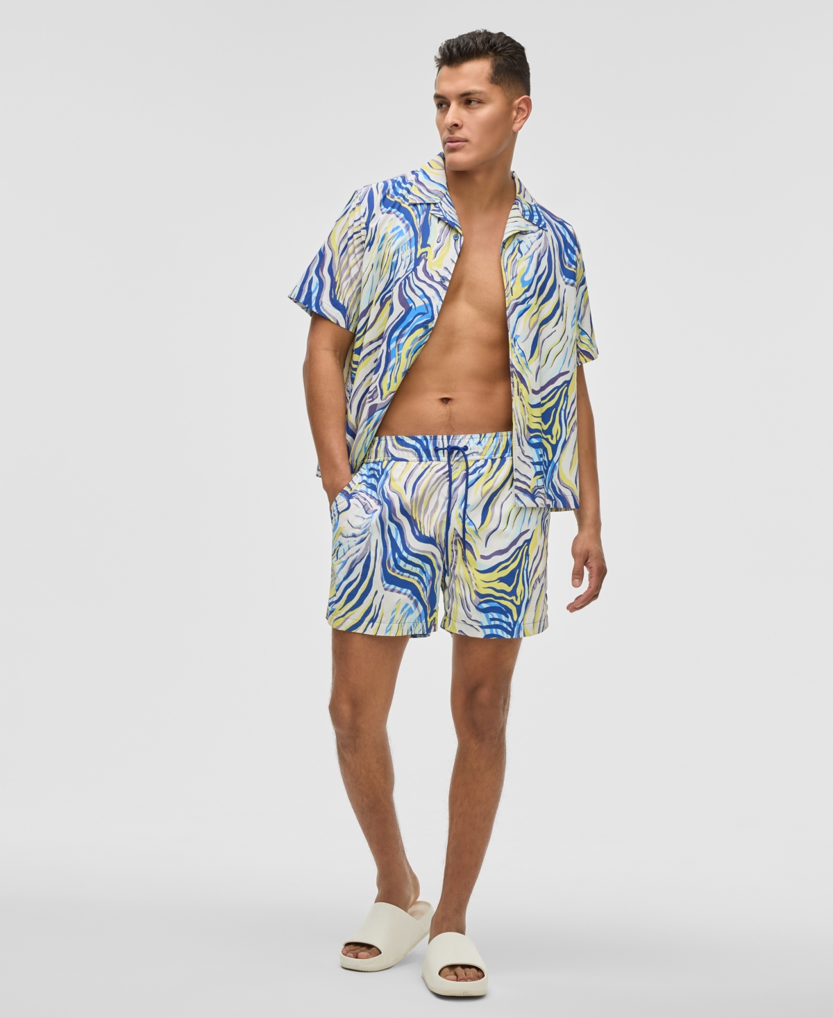 Mode Of One Men's Retro Wave Regular-fit Printed Swim Trunks, Exclusively At Macy's In Lazulite