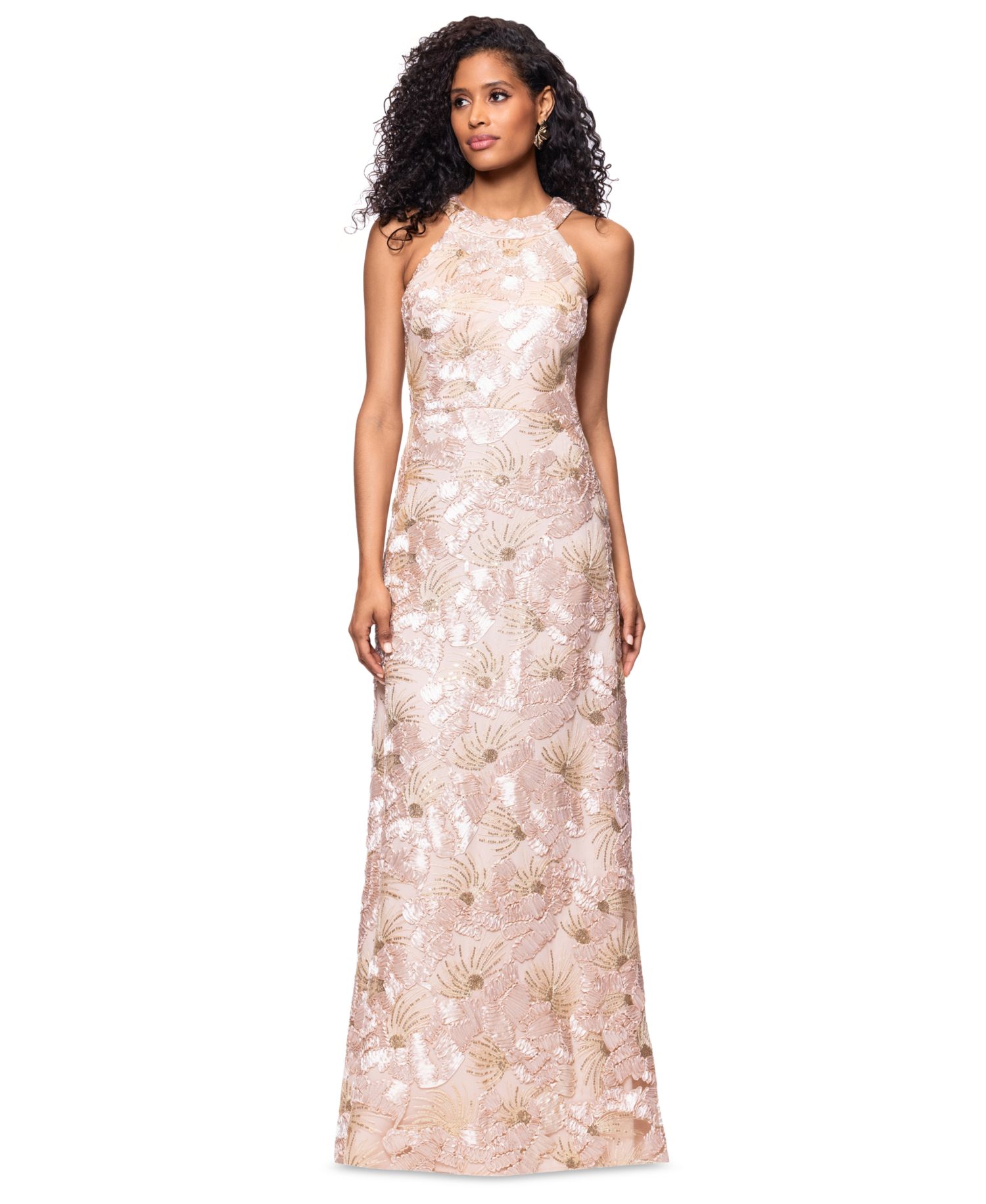Petite Sequined Soutache Halter Gown