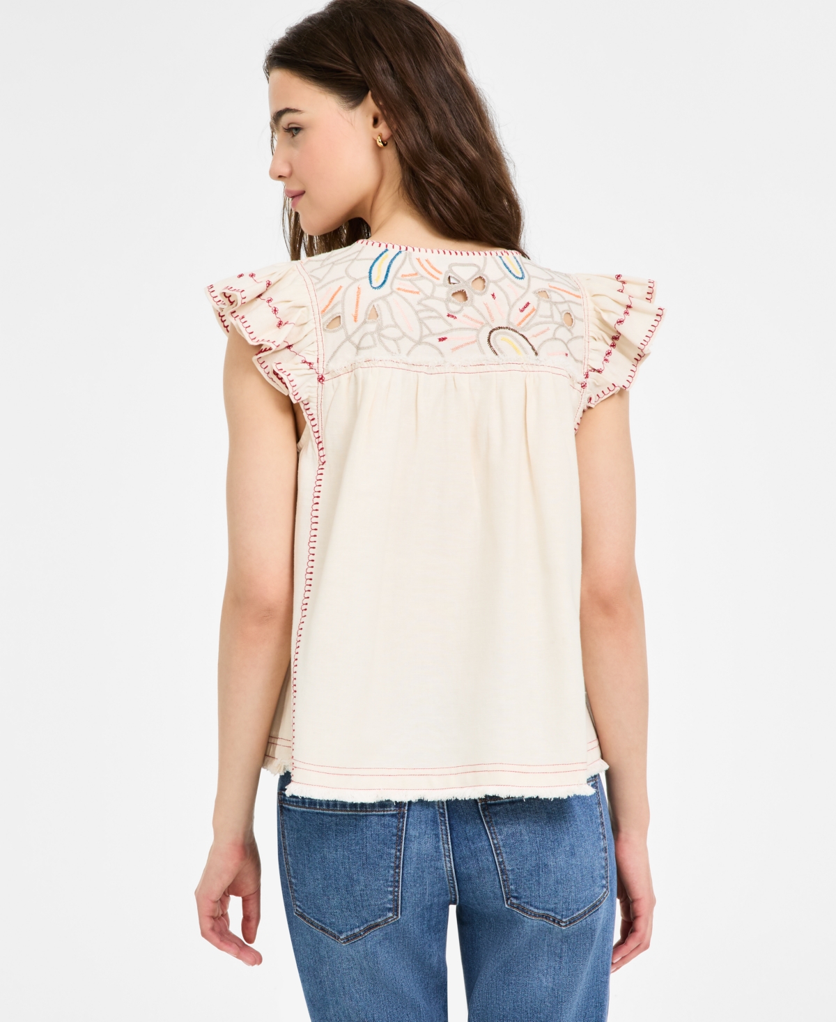 Liverpool Los Angeles Flutter Sleeve Top In Bone With Multi Embroidery