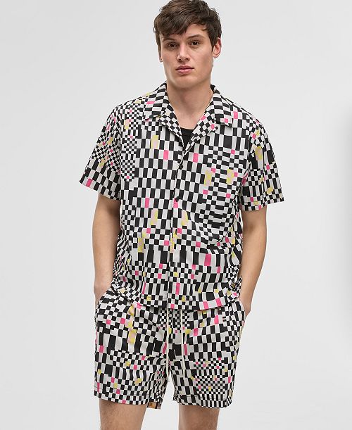 alfani Mode of One Men's Mixed Check Relaxed-Fit Printed Button-Down Camp Shirt Exclusively at Macy's Men's Fashion & Accessories