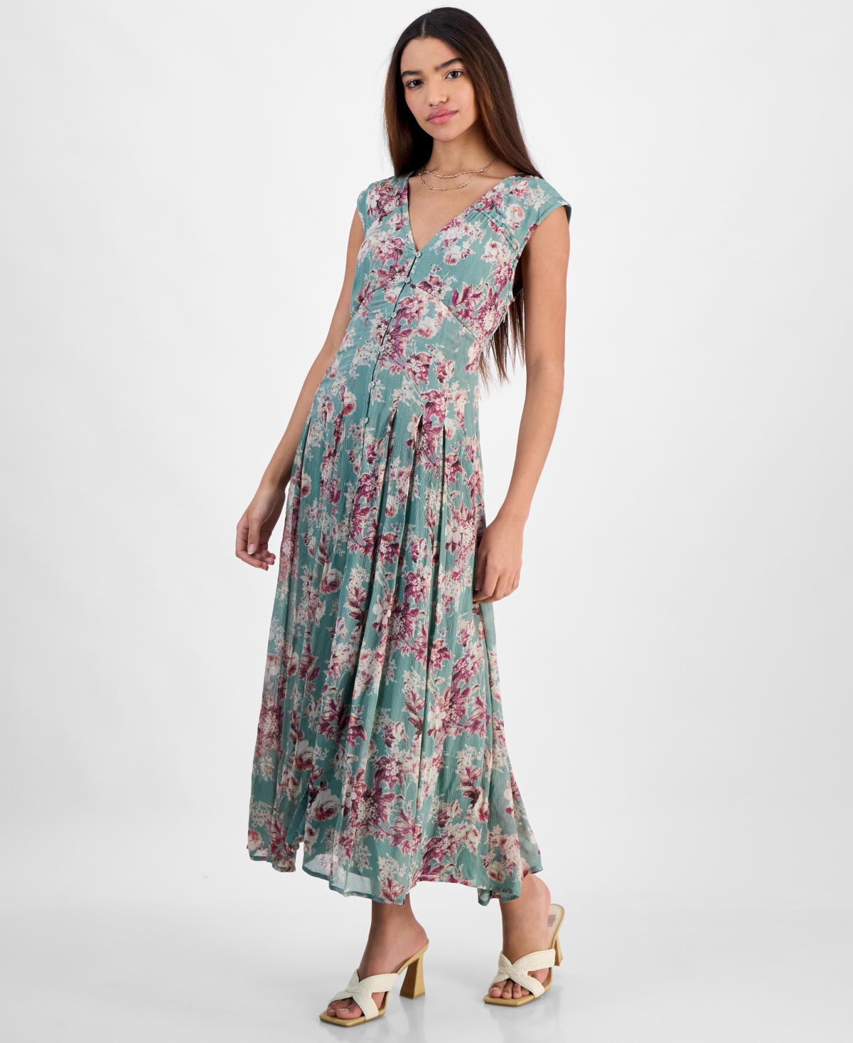 Lucky Brand Women's Pleated Button Down Midi Dress In Green Floral