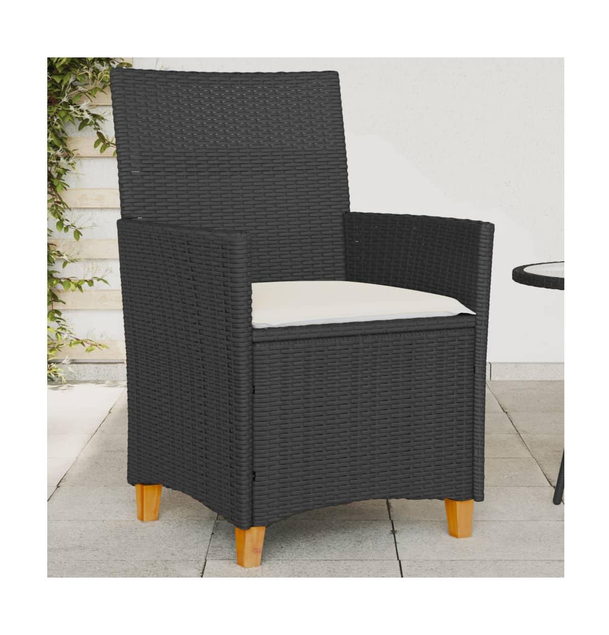 Patio Chairs with Cushions 2 pcs Black Poly Rattan&Solid Wood