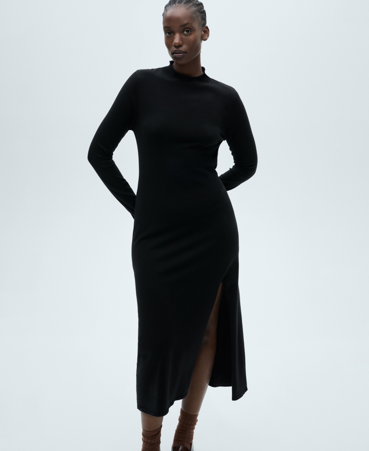 Mango Side Slit Knit Dress Black In Black