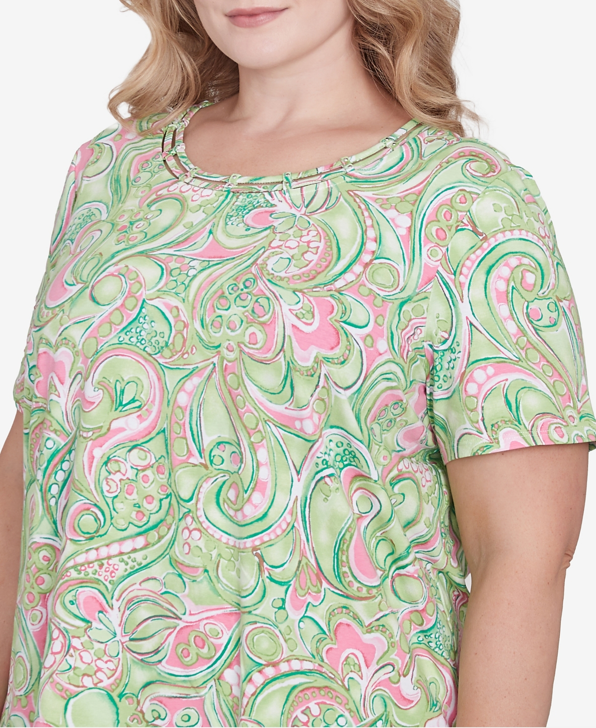 Alfred Dunner Plus Size Abstract Scroll Crew Neck Top In Green
