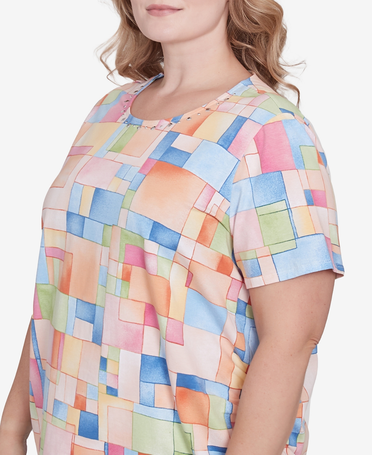 Alfred Dunner Plus Size Color Block Tile Top With Side Ruching In Pastel