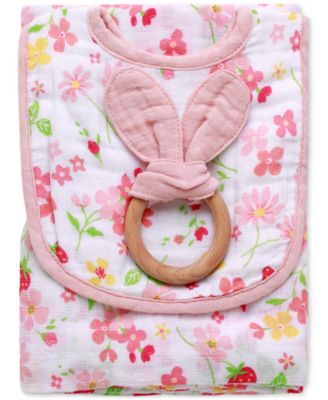 Little Me - Baby Girls 3-Pc. Muslin Bib, Swaddle, and Ring Set