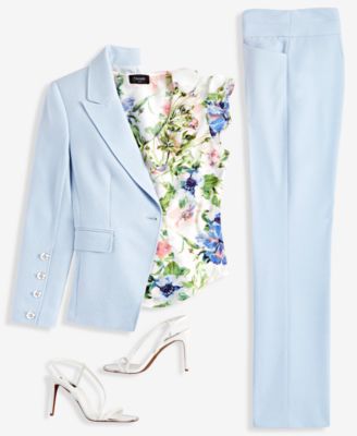 Tahari Asl Womens One Button Twill Blazer Floral Top Flare Leg Pants In Ice Blue