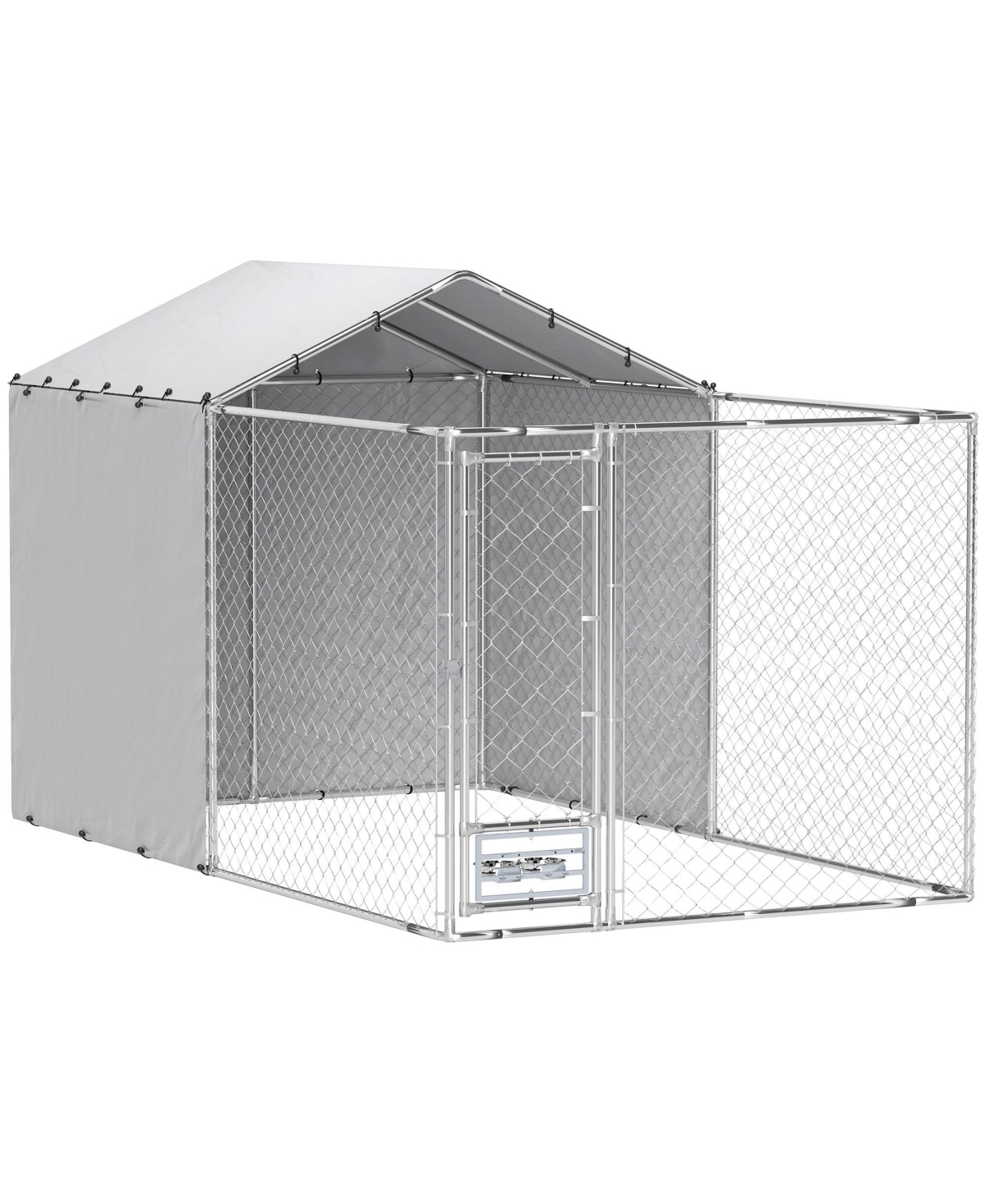 Large Outdoor Dog Kennel w/ Cover Rotating Bowls 13.1' x 7.5' x 7.5' - Silver