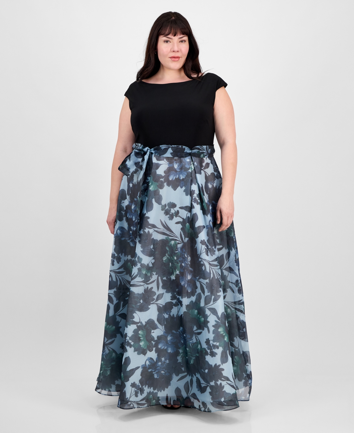 Shop Sl Fashions Plus Size Tie-front Printed Organza Ballgown In Black Multi