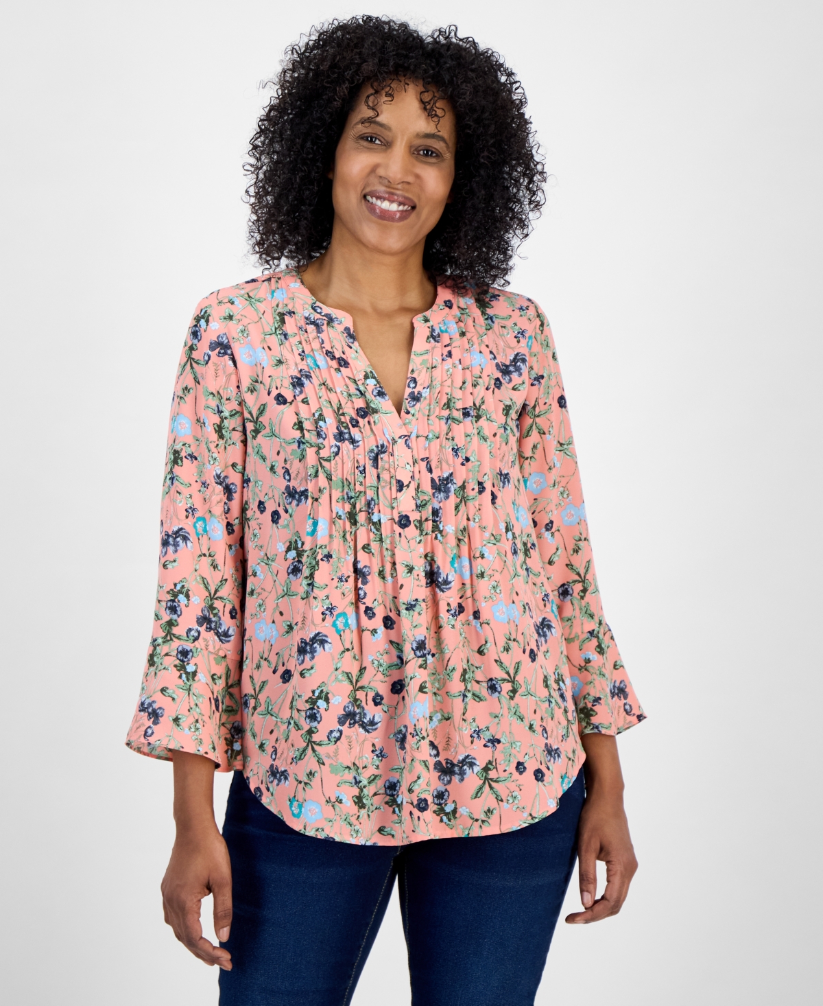Macy's Style & Co Petite Printed Pintuck Blouse, Exclusively At  In Floral Salmon