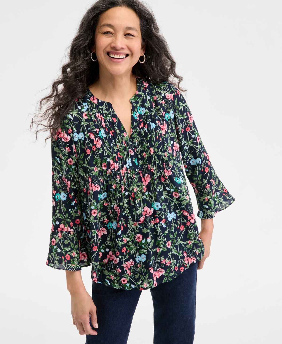 Style & Co Petite Printed Pintuck Blouse, Exclusively At Macy's In Multi