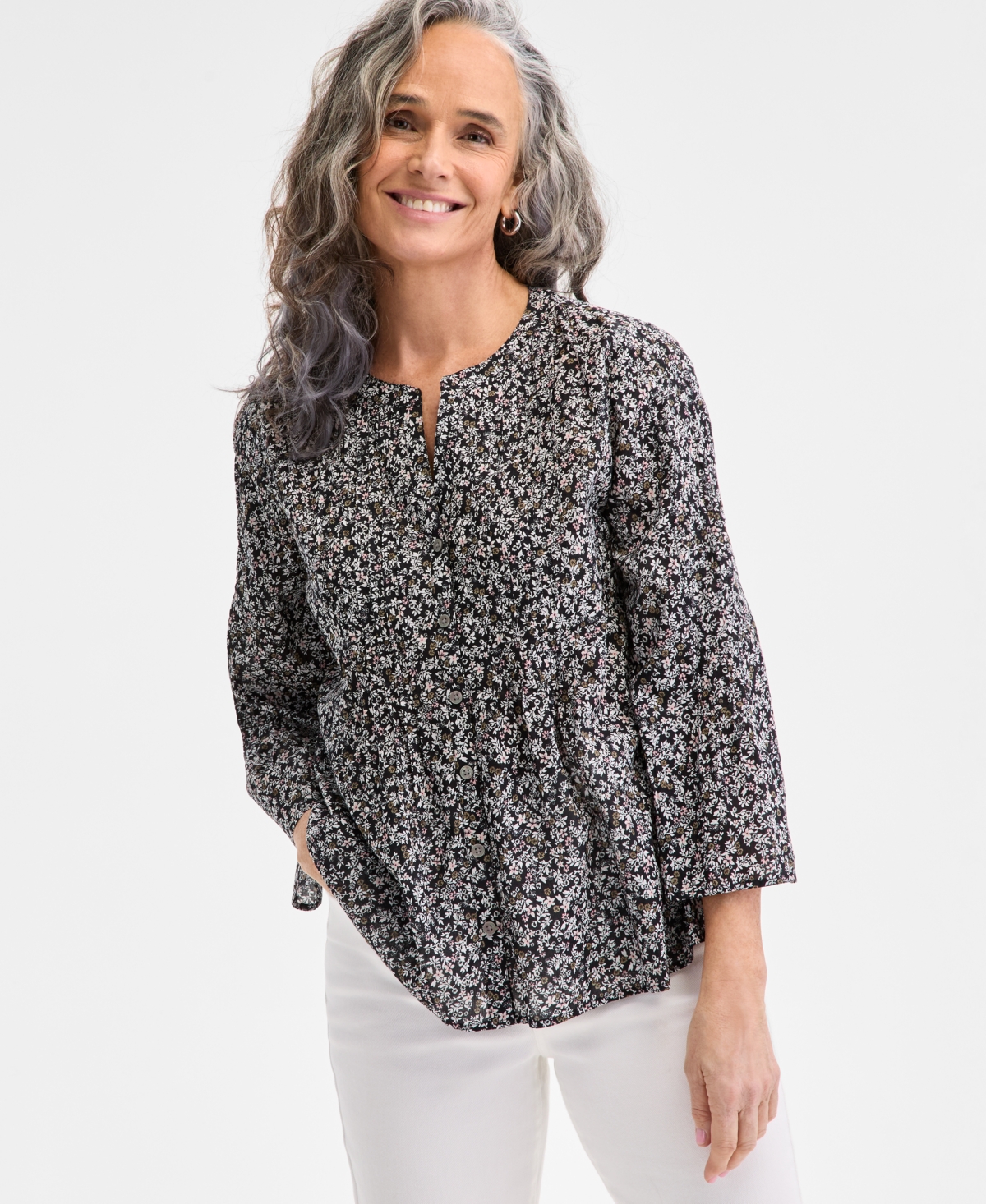 Women's Cotton Printed 3/4-Sleeve Blouse, Exclusively at Macy's - White Floral