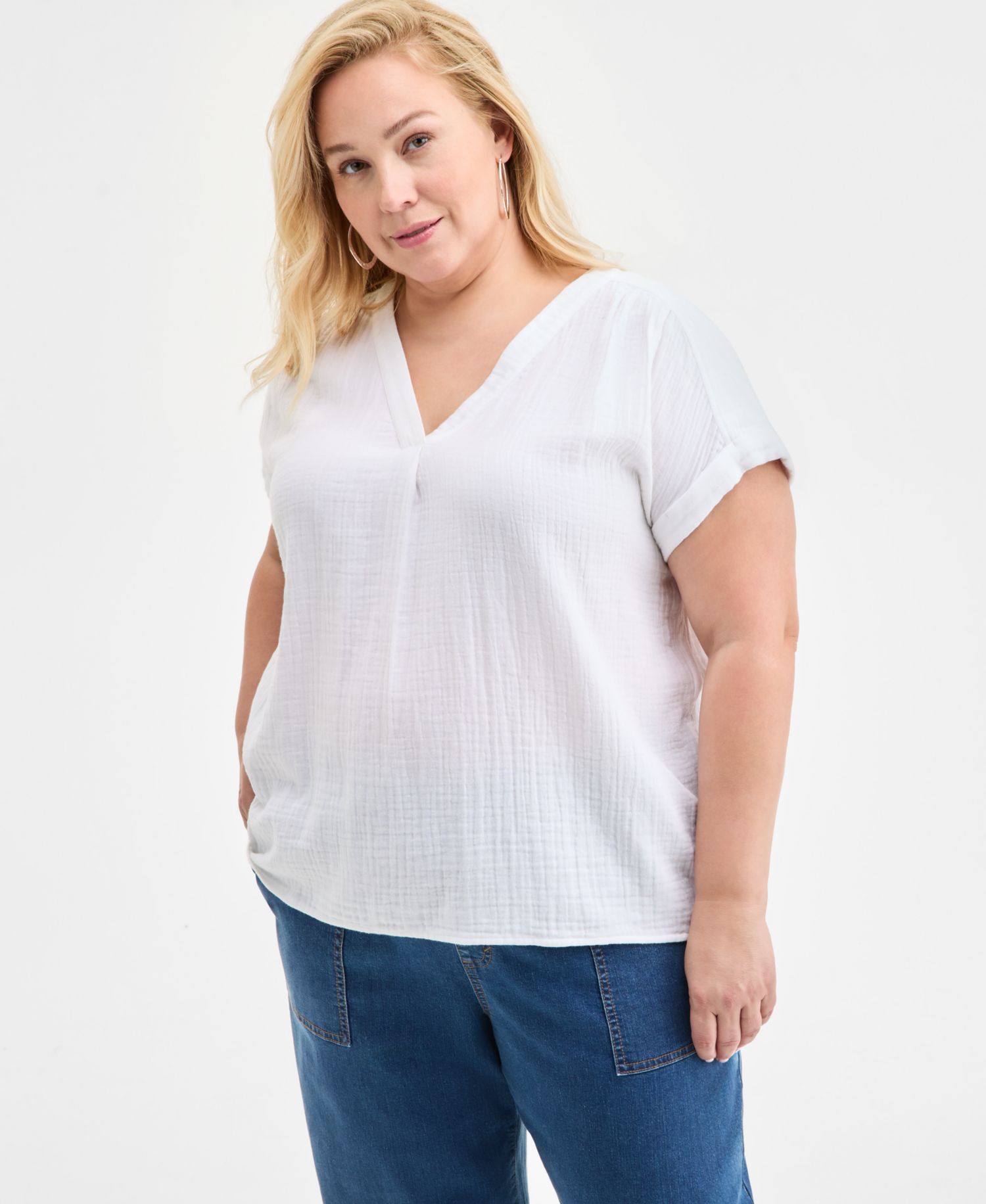 Petite Cotton Gauze V-Neck Short-Sleeve Top