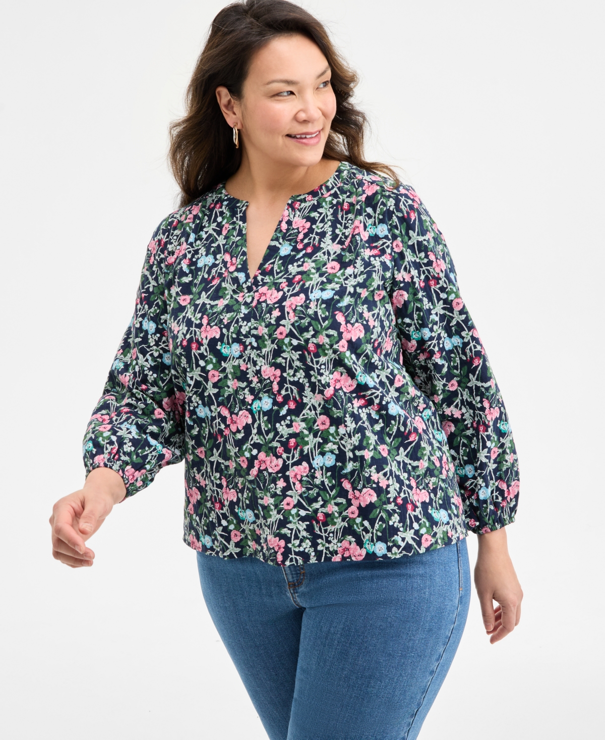 売れ筋商品|||スタイルアンドコー カットソー トップス レディース Floral-Print Gauze Popover Long-Sleeve Top, Exclusively at Macy's Floral Indigo Blue Style & Co Floral-print Gauze Popover Long-sleeve Top